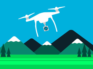 Drone photography concept. Aerial Drone with camera flying over landscape with mountain, meadow and trees. Quadcopter taking pictures and videos.White aircraft. Vector illustration,flat style,clip art
