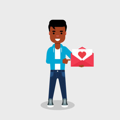 Young African American man holding envelope with heart shape in it. Love letter, mail, message,concept.Guy showing love card.Valentine's day, get or give card. Vector illustration,flat style,clip art.