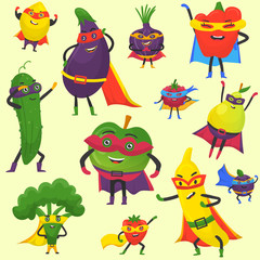 Superhero fruit and vegetables vector pattern. Super banana, eggplant with broccoli, onion, pepper in hero cloak costume. Garden superheroes healthy food. Fruit and vegetables hero characters.