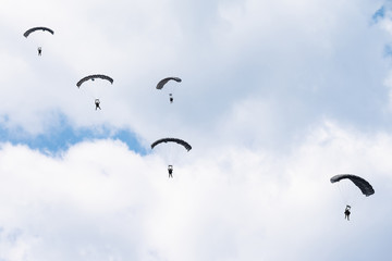 Paratroopers jumping out of an aircraft during a military exercise.