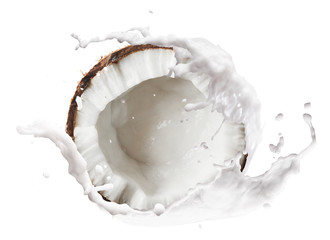 Cracked coconut with  splashes isolated on white backround