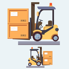 Vector flat forklift truck with boxes. Two views with different shadows. Isolated background
