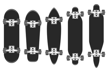 Skateboards set. Skateboarding elements, longboard. Skate board illustration. Vector.