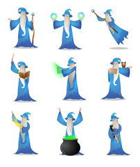Colorful set of wizard character in various action poses. Raster illustration in flat cartoon style