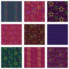 set of seamless geometric patterns of colored stars and circles, points. Can be used for packaging, invitations, textile design, template.