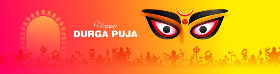illustration of Goddess Durga Face in Happy Durga Puja Subh Navratri Indian religious header banner background