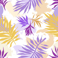 Fototapeta na wymiar Botanical seamless pattern. Hand drawn fantasy exotic sprigs with abstract blots background. Floral illustration made of herbal foliage leaves . Good for textile, fabric, fashion.