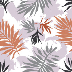 Botanical seamless pattern. Hand drawn fantasy exotic sprigs with abstract blots background. Floral illustration made of herbal foliage leaves . Good for textile, fabric, fashion.