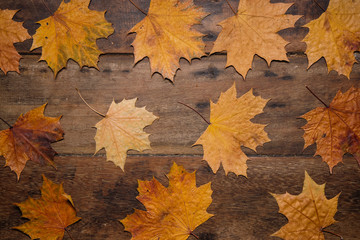 Autumn leaves on rustic wooden background. Top view with copy space.