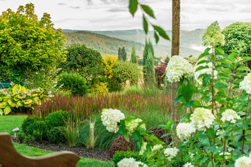 Naklejka premium Piękny zielony ogród z widokiem na góry