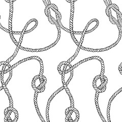 Vector seamless pattern made of twisted ropes with knots. Abstract graphic drawing. Plane nautical ornament.