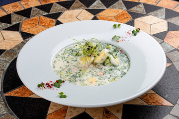 Summer cold yogurt soup okroshka. With vegetables and chicken.