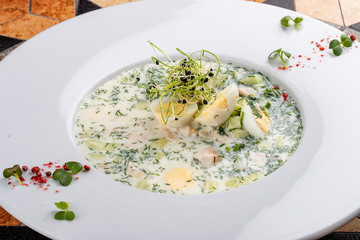 Summer cold yogurt soup okroshka. With vegetables and chicken.