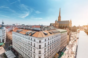 Cercles muraux Vienne Aerial view of the roofs of houses and the main architectural attraction of Vienna - St. Stephen's Cathedral. Panorama of the city skyline