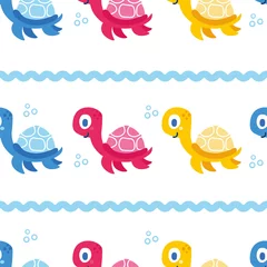 Behang Schattige zee vector dieren van de diepte. Cartoon naadloze patroon op een gekleurde achtergrond. Het kan worden gebruikt voor achtergronden, oppervlaktestructuren, achtergronden, opvulpatronen © a_compot