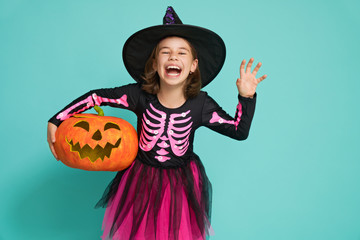 little witch on turquoise background