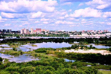 Urban landscape, View of the Angara river, warm lakes near Irkutsk HPP, August 2019, top View.