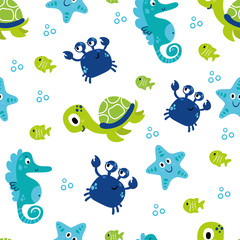 Schattige zee vector dieren onderwater. Cartoon naadloze patroon op een gekleurde achtergrond. Het kan worden gebruikt voor achtergronden, oppervlaktestructuren, achtergronden, opvulpatronen