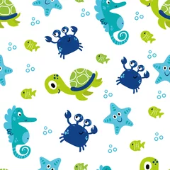 Behang Schattige zee vector dieren onderwater. Cartoon naadloze patroon op een gekleurde achtergrond. Het kan worden gebruikt voor achtergronden, oppervlaktestructuren, achtergronden, opvulpatronen © a_compot