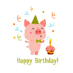 Vector Pink Piggy Cartoon illustration for Christmas card, prints, calendar, sticker, invitation, baby shower, children clothes, posters