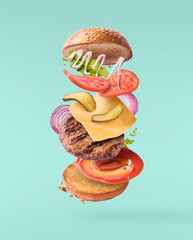 Delicious burger with flying ingredients isolated .