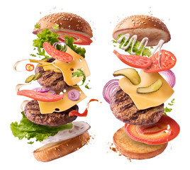 Delicious burger with flying ingredients isolated on white background.