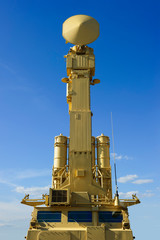 Air defense radar of military mobile mighty missile launcher system of beige color, modern army...