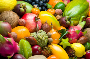 Fresh Thai tropical fruits heap, healthy food, diet nutrition, selective focus 