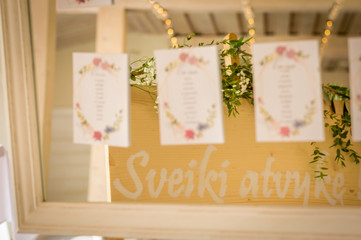 Wedding table sitting chart on cards attached to a mirror and reflection of green leaves