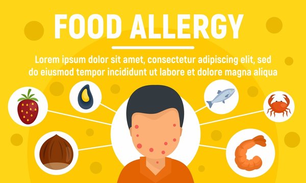 Food allergy concept banner. Flat illustration of food allergy vector concept banner for web design