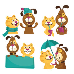Colorful friendship day illustration card with funny dog and cat. Card, sticker, emblem about friendship