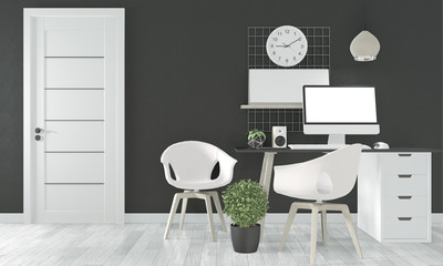 Idea of comfortable office and decoration on black room floor wooden white.3D rendering