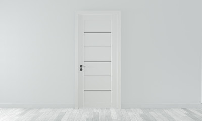 mock up door on empty room white wall on white wooden floor.3D rendering