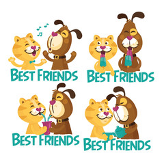 Colorful friendship day illustration card with funny dog and cat. Card, sticker, emblem about friendship