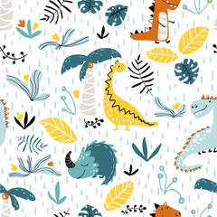 Baby nahtlose Muster mit Dinosauriern im Dschungel. Nette Vektorillustration im skandinavischen Stil. Kreativer kindischer Hintergrund für Stoff, Textil, Kinderzimmertapete.