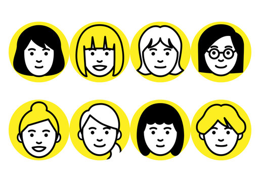 Set of young women faces in round frame on white background. Vector illustration.