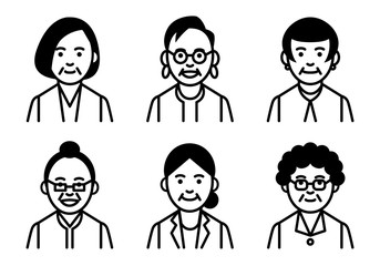 Set of senior women upper body on white background. Vector illustration.