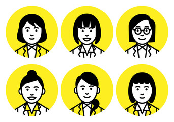 Set of young women upper body in round frame on white background. Vector illustration.