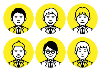 Set of young men upper body in round frame on white background. Vector illustration.