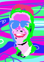 Fototapeta na wymiar Multicolored portrait of a man in the style of pop art on a bright background with stripes and spots. Laughing man