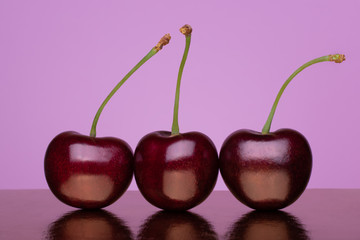 Three ripe sweet cherries standing in a row with reflection on a pink-purple background
