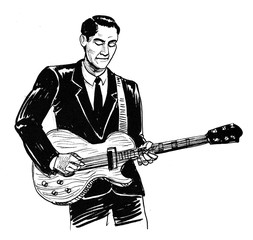 Musician in suit playing an electric guitar. Ink black and white drawing