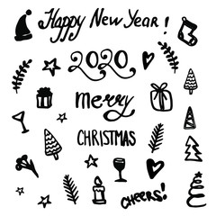 Set of New Year 2020 doodle, Hand drawn vector elements Merry Christmas - lettering, hats, star, christmas tree, balls, orange, sock, gift, drink. 