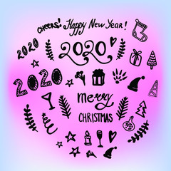 Set of New Year 2020 doodle, Hand drawn vector elements Merry Christmas - lettering, hats, star, christmas tree, balls, orange, sock, gift, drink. 