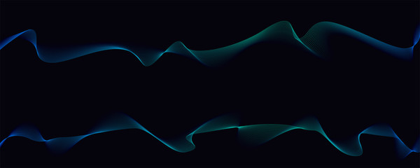 Two parallel twisted pattern. Dynamic flowing waves isolated on dark background. Abstract wavy spun lines. Optical art, vector design elements.