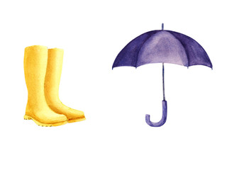 Hand painted Watercolor Autumn set with purple umbrella and yellow rubber boots isolated on white background.