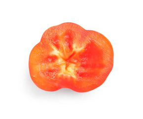 Slice of ripe red bell pepper on white background