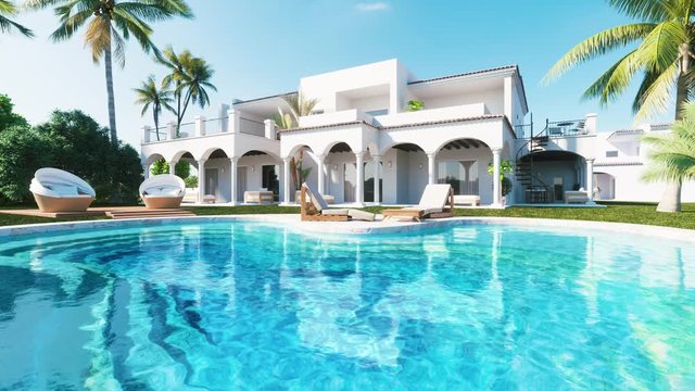 Private luxury Villa with Swimming Pool and palms. Realistic 3d visualisation in 4k resolution.
