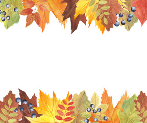 Hand painted watercolor composition with autumn leaves and berries. Beautiful Autumn Bouquet with leaves.