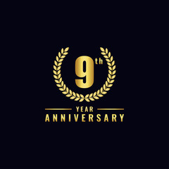 Fototapeta premium Vector illustration of a birthday logo number 9 with gold color, can be used as a logo for birthdays, leaflets and corporate birthday brochures. - Vector